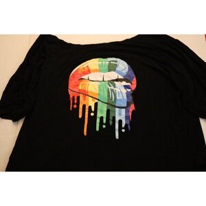 Magicmk Womens 5XL Rainbow Dripping Lips Graphic T-Shirt Black Short Sleeve Top